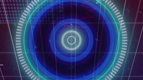 Animation of illuminated circles over grid pattern and multiple graphs against Stock Footage 313001917