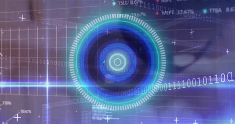 Animation of illuminated circles over trading board, binary codes, graphs and Stock Footage 233302146
