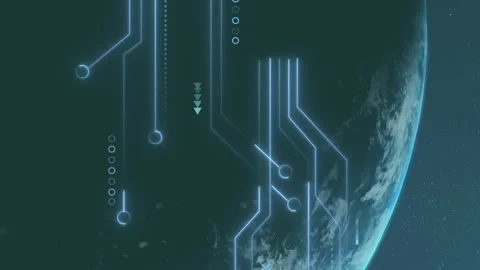 Animation of illuminated circuit board pattern over globe against space in Stock Footage 312525668