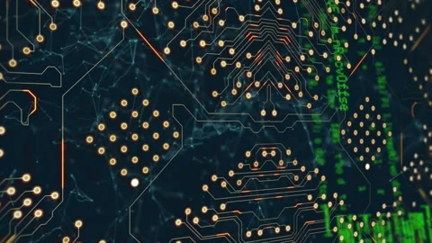 Animation of illuminated circuit board pattern over computer language against Stock Footage 312899262