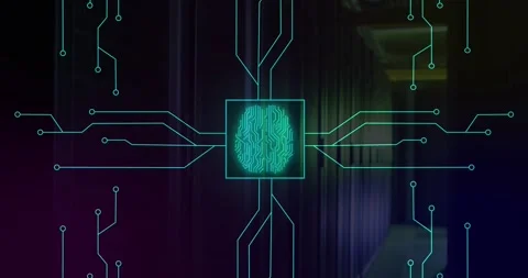 Animation of illuminated circuit board pattern around brain in square over Stock Footage 329310661