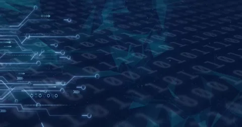 Animation of illuminated circuit board texture and binary codes over abstract Stock Footage 330341939