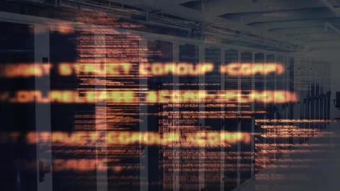 Animation of illuminated computer language against server room in background Stock Footage 328932087