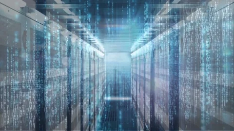 Animation of illuminated computer language and binary codes over data server Stock Footage 231181952