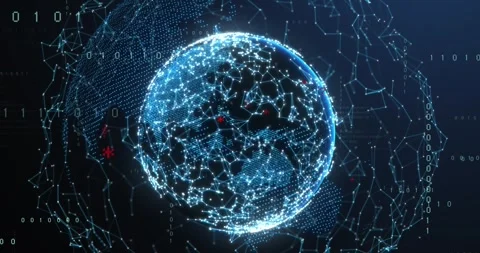 Animation of illuminated connected dots forming globe and moving binary codes Stock Footage 247123548
