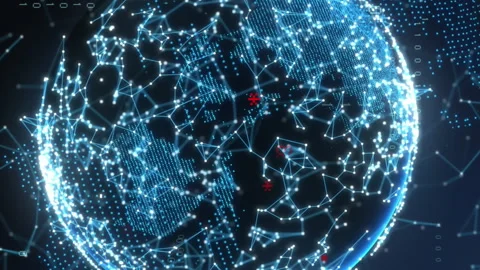 Animation of illuminated connected dots forming globe and moving binary codes Stock Footage 312906237