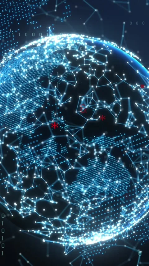Animation of illuminated connected dots forming globe and moving binary codes Stock Footage 321039207