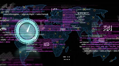 Animation of illuminated digital clock, programming language, map over black Stock Footage 329372275