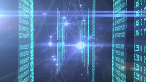 Animation of illuminated dots connected with lines moving amidst binary codes Stock Footage 202562651