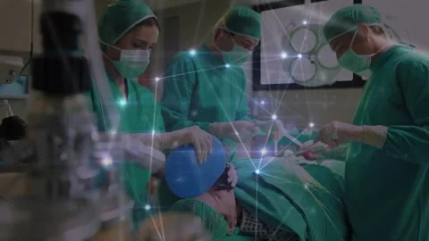 Animation of illuminated dots connecting over surgeons operating patient during Stock Footage 330105140