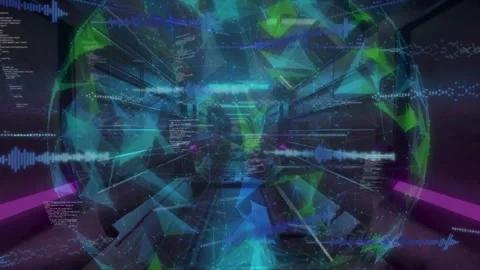 Animation of illuminated globe and computer language over futuristic tunnel in Stock Footage 326631466