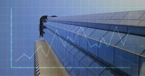 Animation of illuminated graphs with grid pattern over low angle view of Stock Footage 330403107