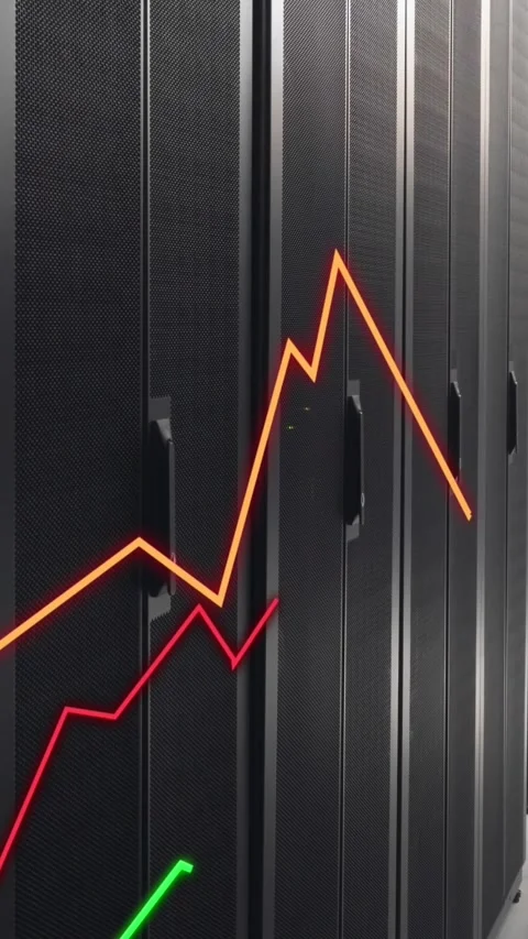 Animation of illuminated graphs over data server racks in data server room Stock Footage 344370197