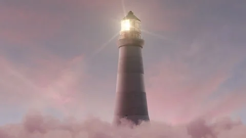 Animation of an illuminated lighthouse over fluffy pink clouds Stock Footage 343503027