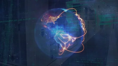 Animation of illuminated lines on globe over computer language against space in Stock Footage 327898208