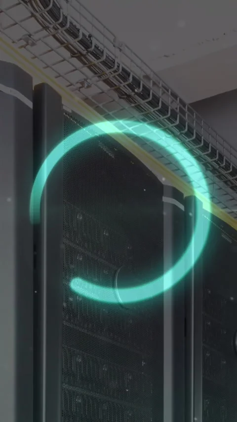 Animation of illuminated loading circle over white dots against server room Stock Footage 341956527
