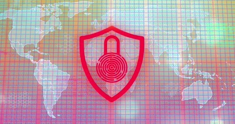 Animation of illuminated padlock in shield over grid pattern against map in Stock Footage 329368170