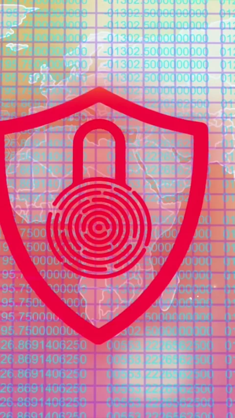 Animation of illuminated padlock in shield over grid pattern against map in Stock Footage 341991406