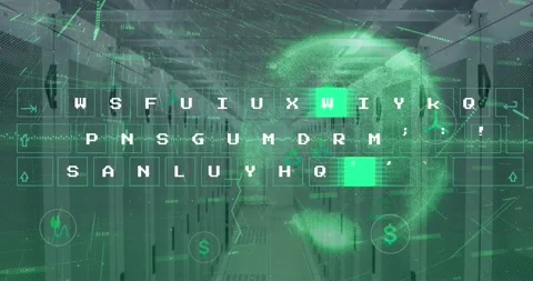 Animation of illuminated pattern on keyboard with graph, icons and globe over Stock Footage 330337163