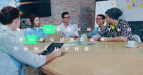Animation of illuminated pattern moving on letters, diverse coworkers discussing Stock Footage 326628973