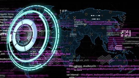 Animation of illuminated radar, map and computer programming language over black 스톡 동영상 329420537