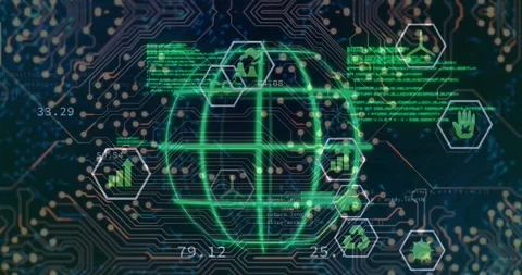 Animation of illuminated rotating globe and floating icons in hexagon over Stock Footage 328822707