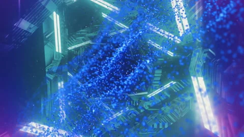 Animation of illuminated triangular shapes rotating and blue dots forming line Stock Footage 312303796