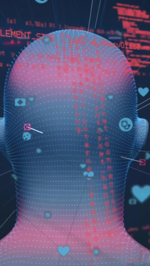 Animation of illuminating human face with icons and computer language over Stock Footage 344557052