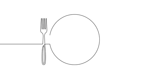 Animation of an image drawn with a continuous line. Plate, fork and knife. Stock Footage 245201721