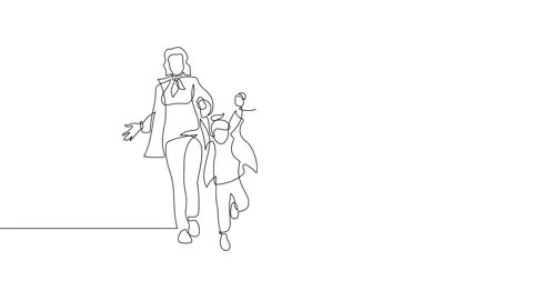 Animation of an image drawn with a continuous line. Happy family walking. Stock Footage 246137425