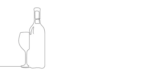 Animation of an image drawn with a continuous line. Wine bottle and glasses. Stockbeeldmateriaal 246137675