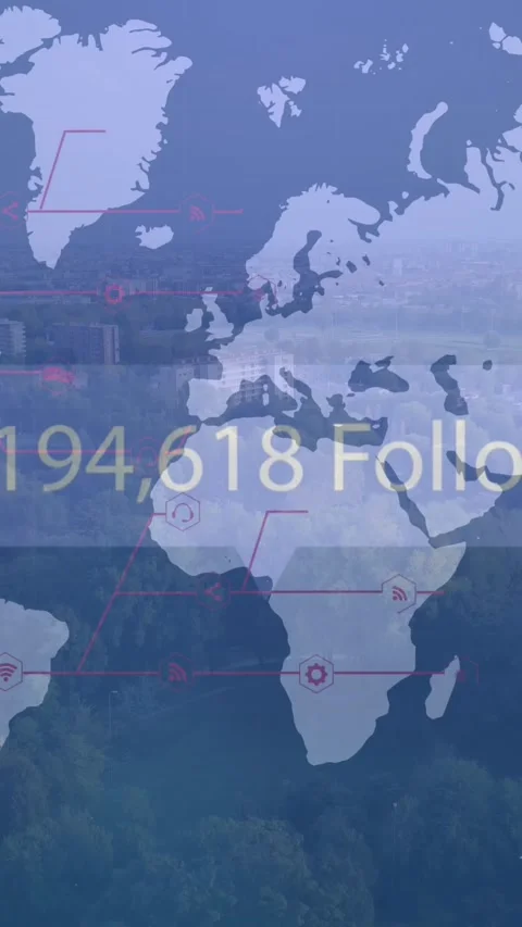 Animation of increasing followers on speech bubble over world map against aerial Stock Footage 341976675
