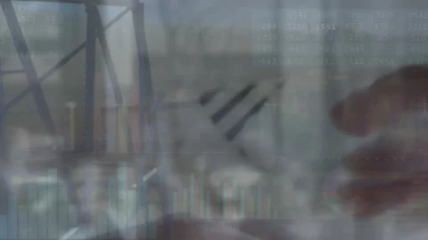 Animation of increasing numbers, graphs and abstract pattern over cropped hands Stock Footage 327529119