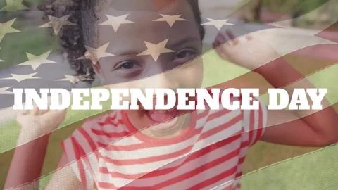 Animation of independence day text and flag of america over girl sticking out Stockbeeldmateriaal 329511605