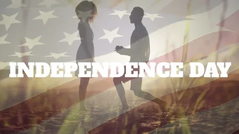 Animation of independence day text, flag of america, diverse man proposing Stock Footage 310925135