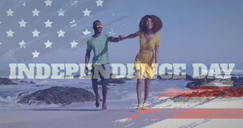 Animation of independence text and american flag design on african american Stock Footage 329127355