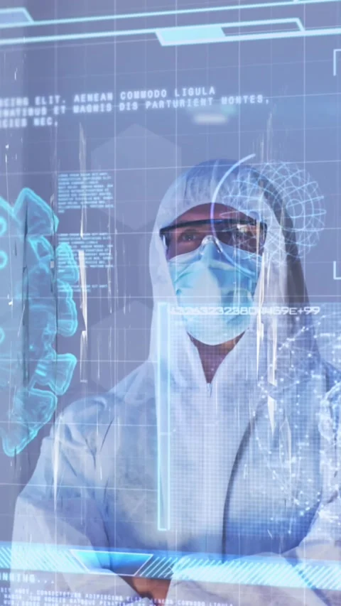 Animation of infected cell, globe and database over male scientist wearing Stock-Footage 343084109