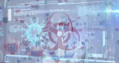 Animation of infected cells, explosive material hazard sign and data man wearing Stock Footage 330171745