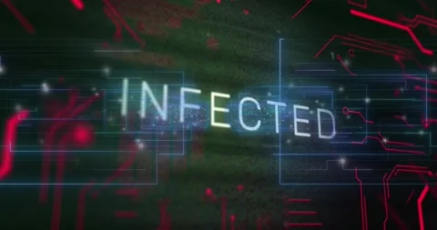 Animation of infected text banner over connecting dots and microprocessor Vídeo Stock 325962018