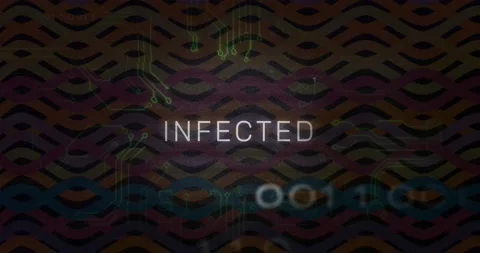 Animation of infected text, binary codes, multicolored abstract pattern over Stock Footage 221107682