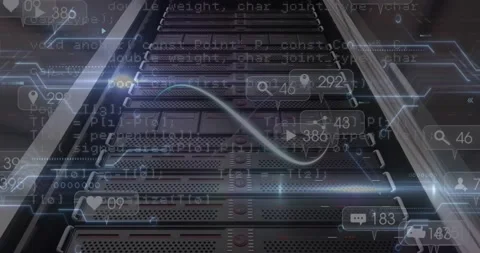 Animation of infinity loop over data processing and computer motherboard and Stockbeeldmateriaal 219011124