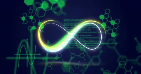 Animation of infinity over data and chemical formulas on navy background Stockbeeldmateriaal 203843293