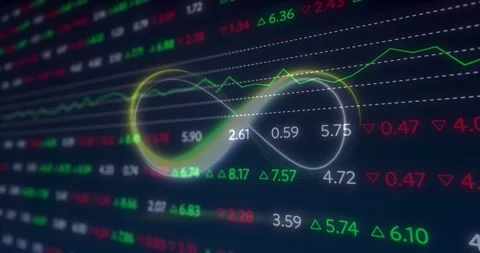 Animation of infinity over digital screen with financial data Stockbeeldmateriaal 203844220