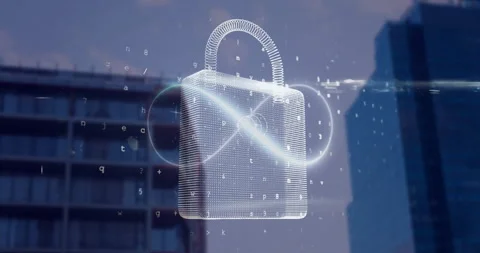 Animation of infinity sign and padlock with data processing over cityscape Stockbeeldmateriaal 308346205