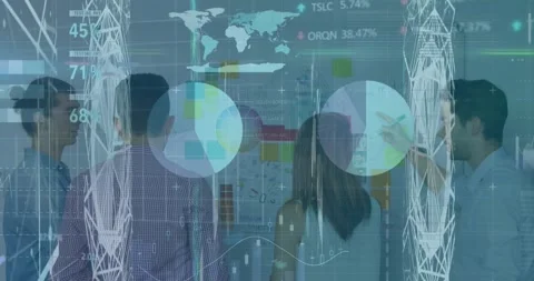 Animation of infographic interface, abstract pattern, diverse coworkers Stock Footage 328974534