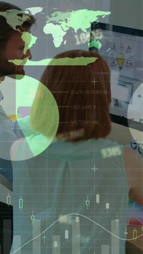 Animation of infographic interface and changing numbers, caucasian coworkers Stock Footage 344766204