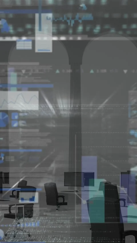 Animation of infographic interface and computer language over empty room with Stock Footage 319222345