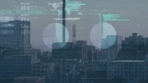 Animation of infographic interface and computer language over modern buildings Stock Footage 327847976