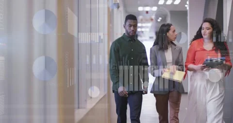 Animation of infographic interface and diverse colleagues discussing project in Stock Footage 330106022