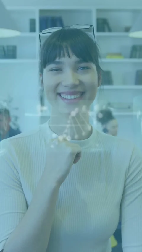 Animation of infographic interface and dnx helix over smiling businesswoman with Stock Footage 322559377